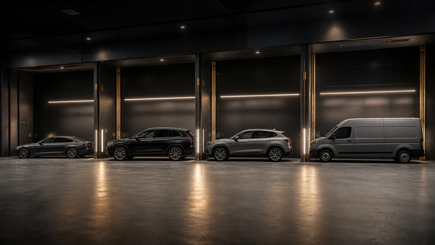 Illustrative line-up of different vehicle types in a dark studio setting