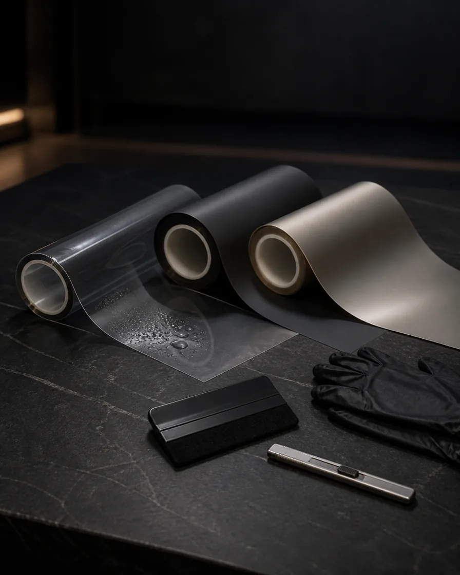 Unbranded automotive film rolls and application tools under studio light