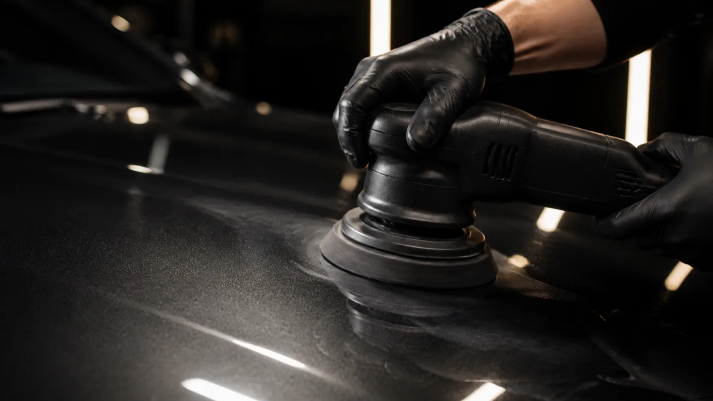 Illustrative close view of a polishing tool working across a dark vehicle surface