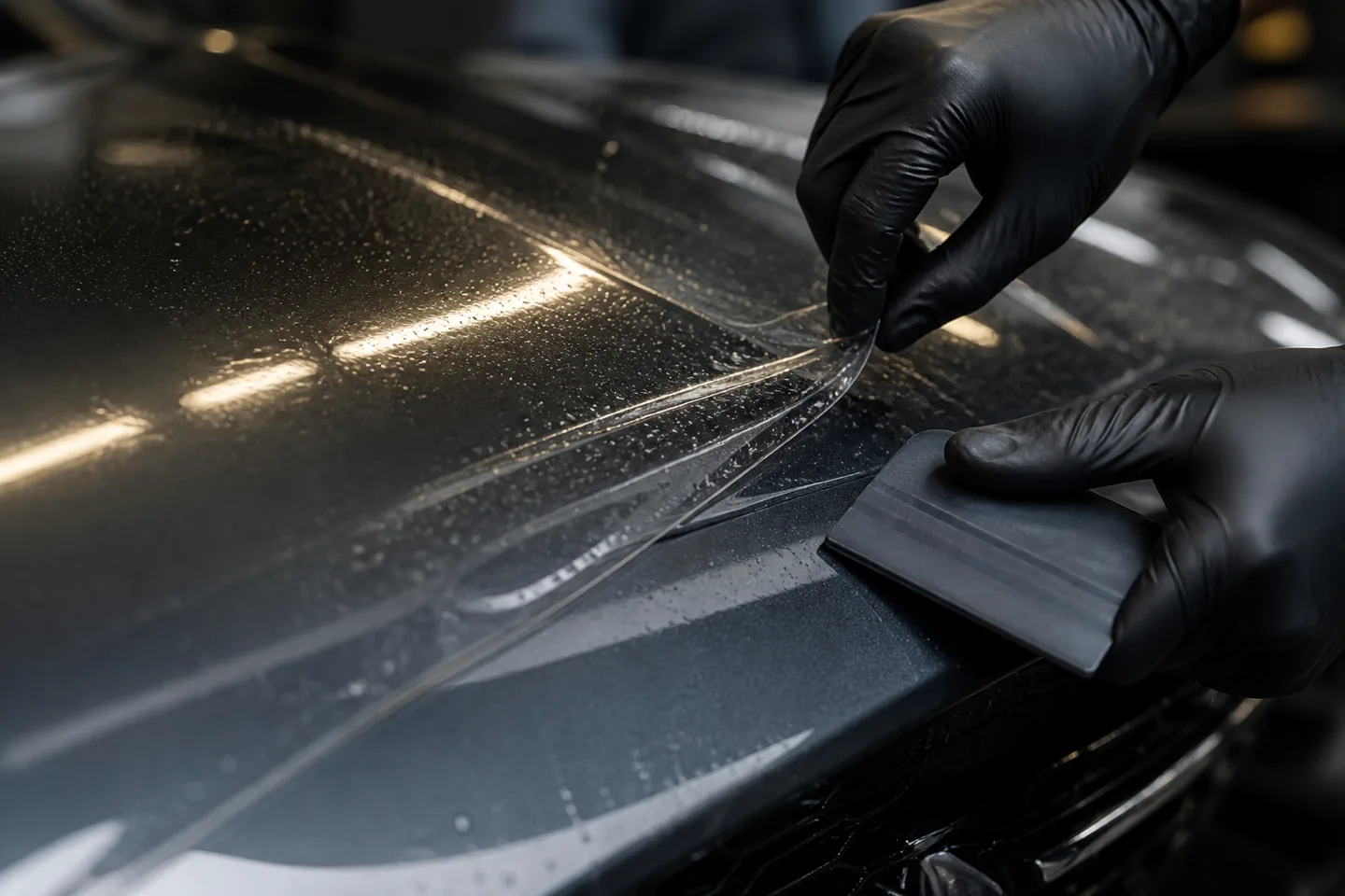 Close view of transparent automotive film being positioned under studio light
