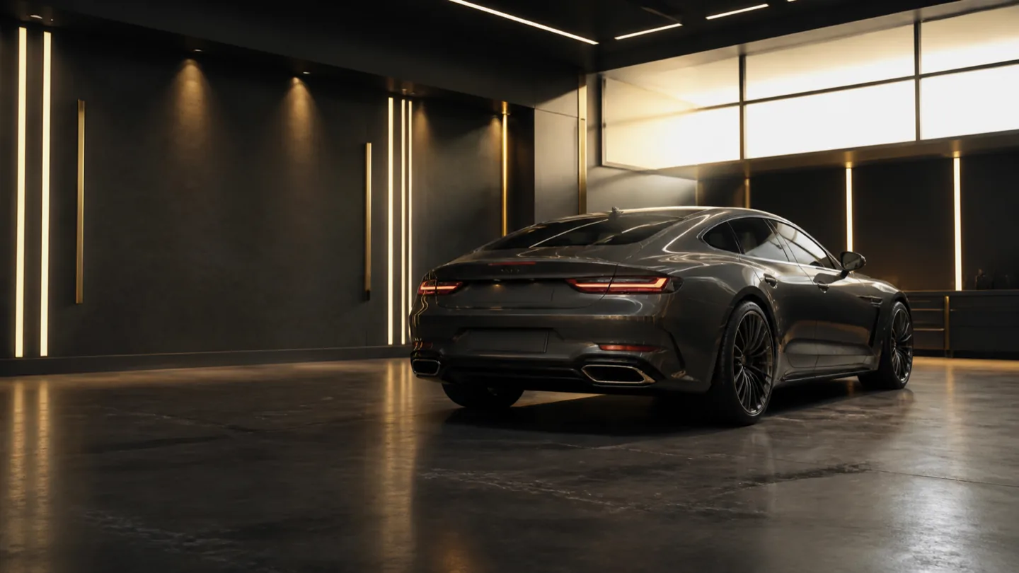 Dark performance vehicle under warm studio lighting