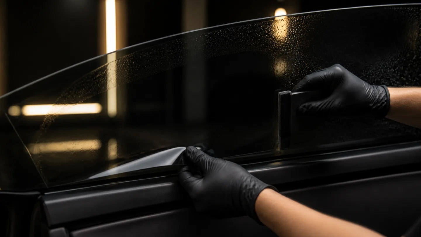 Illustrative close view of automotive window film being positioned on side glass