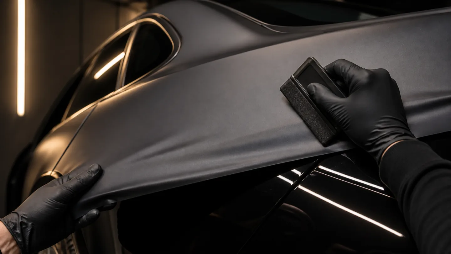 Illustrative close view of automotive wrap material being applied to a vehicle panel